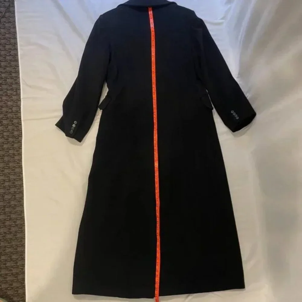 Calvin Klein Maxi Coat Size 12 Vintage 80's Black Double Breast Belt Merino Wool - Picture 10 of 15